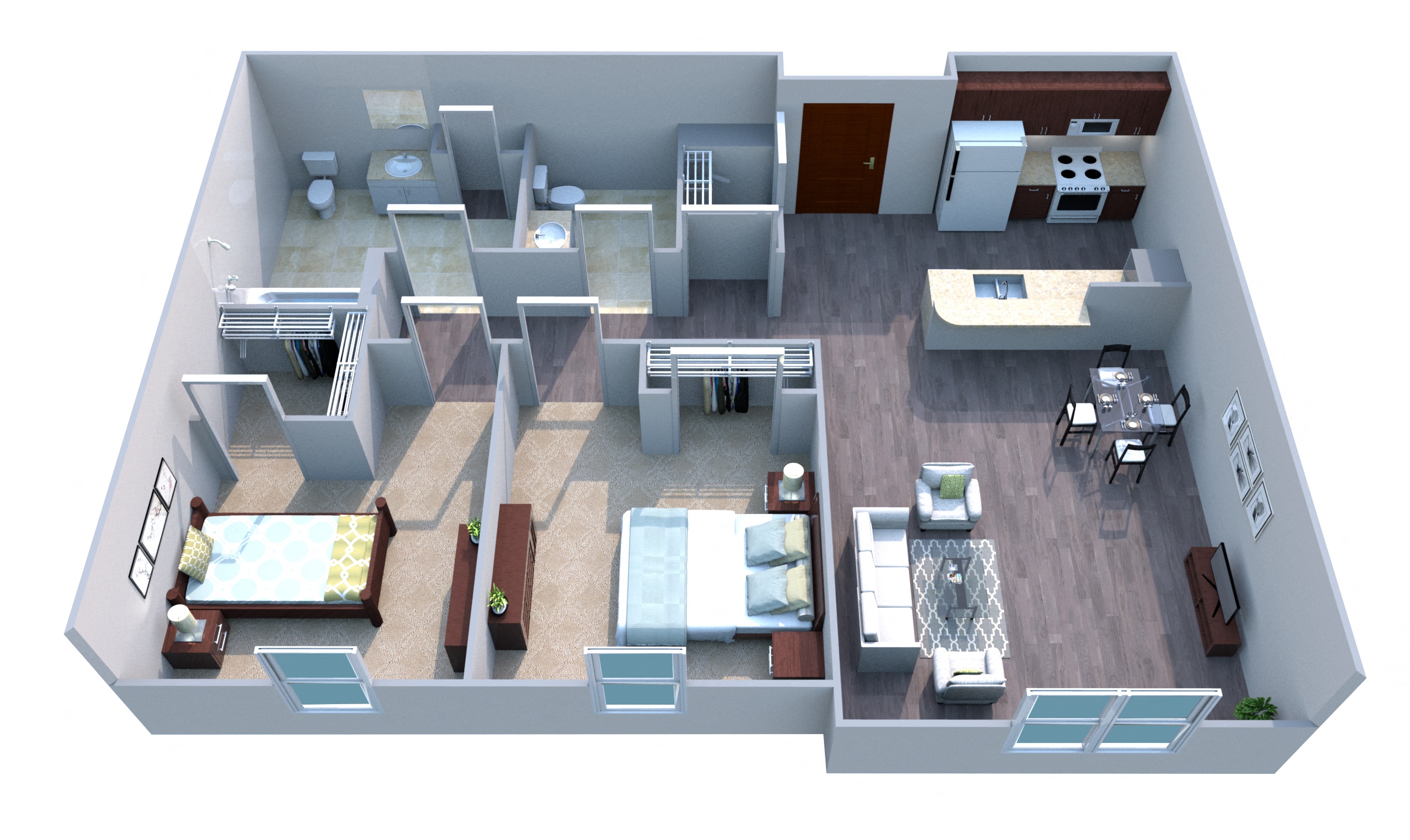 Floor plan for 2 beds, 1.5 baths, 990 sqft